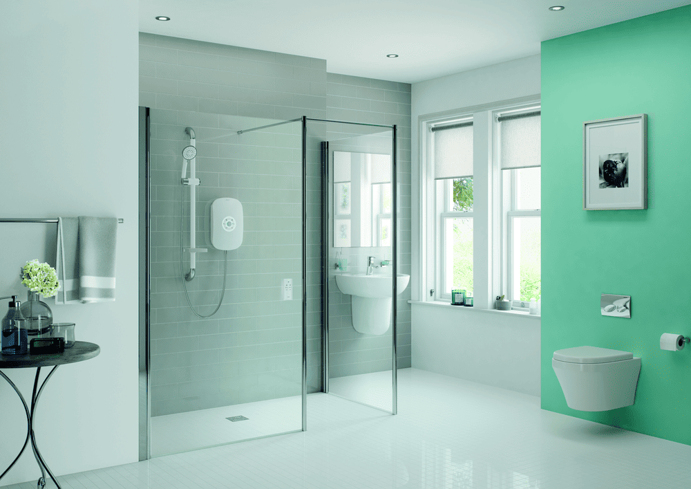 Wet room with large glass screen around shower