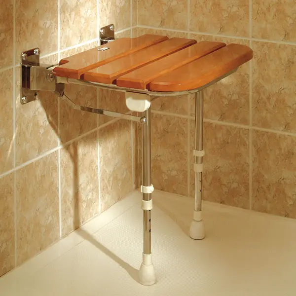 Wooden slatted stool design shower seat folded down