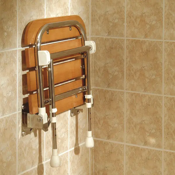 Wooden slatted stool design shower seat folded up