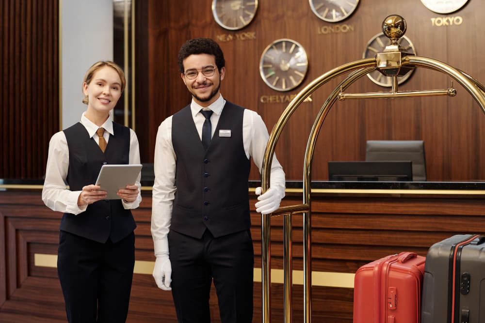 Two accessible hotel employees one with a luggage trolley the other with a clipboard