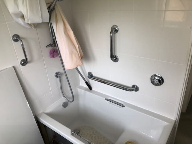 Old tub style bath with grab rails