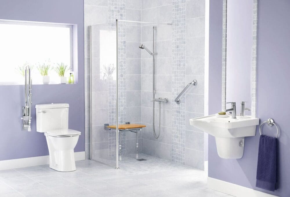 Lavender Accessible Bathroom With Toilet Rail, Walk In Shower, Shower Rails And Shower Seat