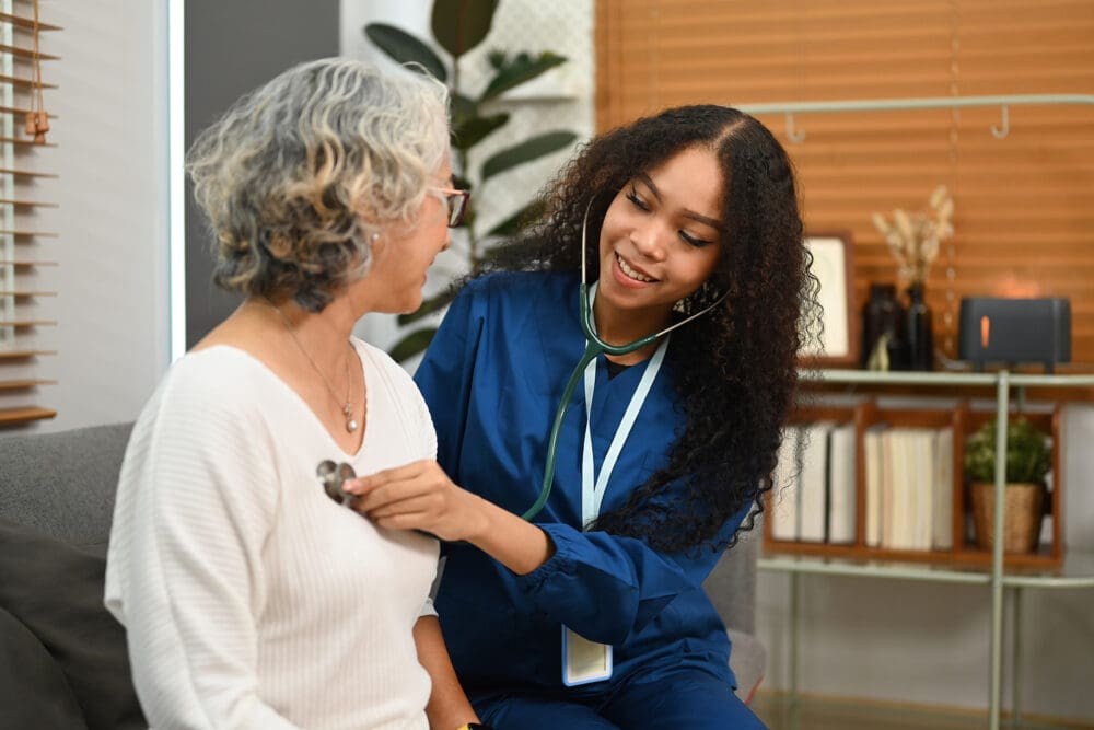 Carrying Female Doctor Holding Stethoscope Checking Heartbeat