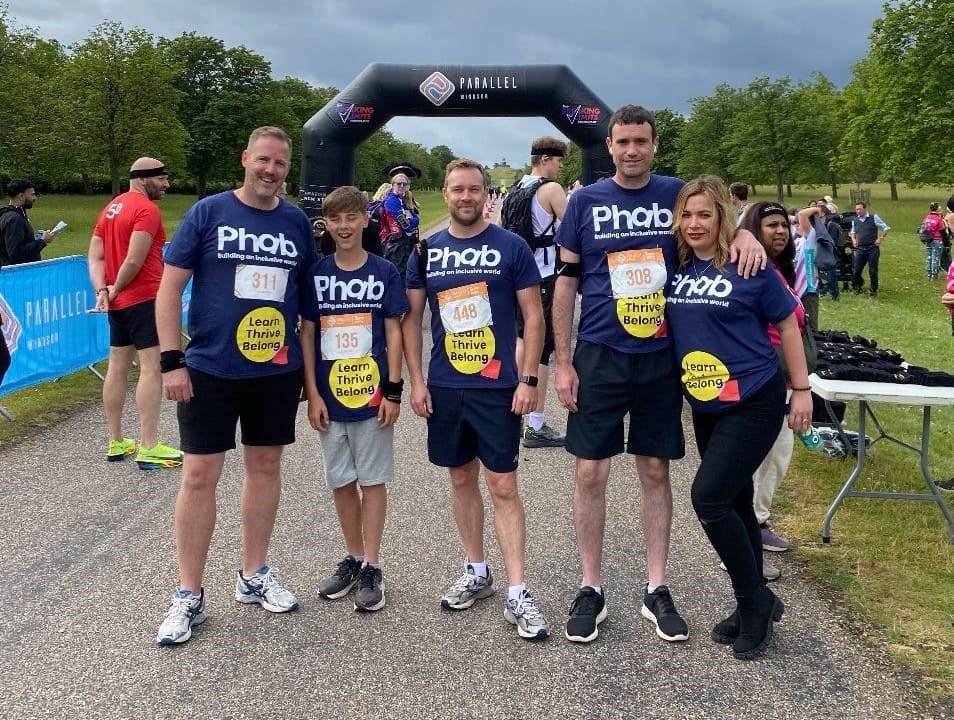 Absolute Mobility Team Taking Part In The Parallel Windsor Challenges, Smiling At The Finish Line Wearing Sports Gear