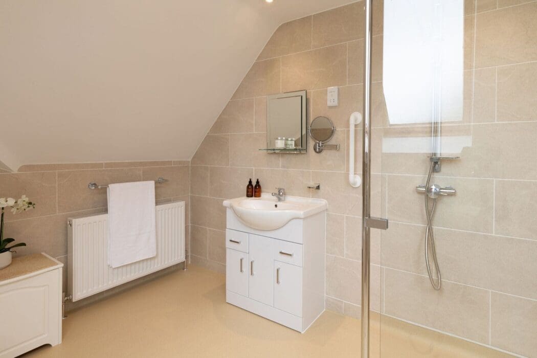 Mr P Bathroom After Renovation A Walk In Shower With Grab Rails, New Sink Cabinet And Mirror, Towel Rail And Radiator