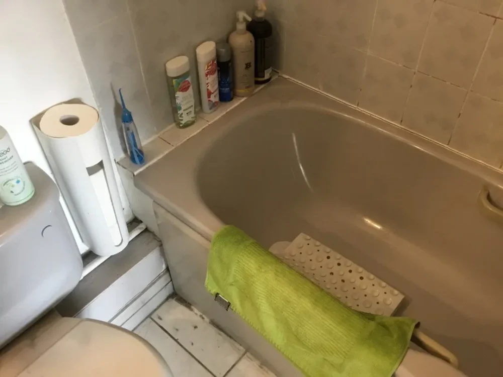 Mr And Mrs B's Bathroom Before Renovation Brown, Dated Full Length Bath With No Mobility Access