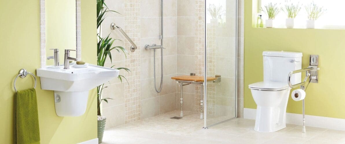 Bright Yellow Painted Wetroom With Walk In Shower, Shower Seat And Disability Toilet (1)