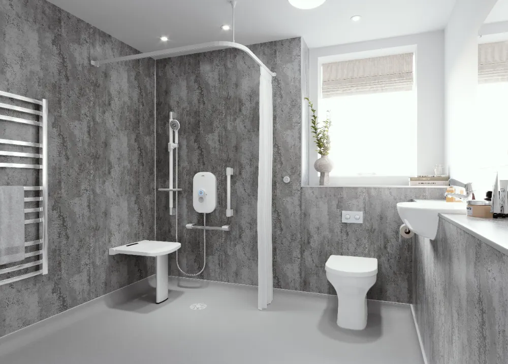 Dark Marble Wet Room Bathroom With Stylish Open Shower, Seat, Toilet And Sink