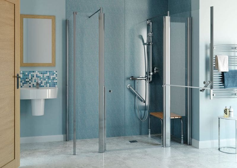 Stylish Wet Room Bathroom With Tiled Sink, Walk In Shower And Wooden Shower Seat