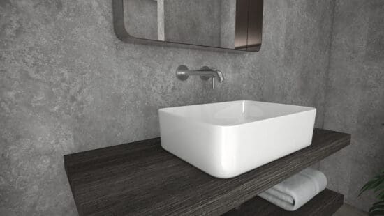 Sink with grey marble effect wall paneling